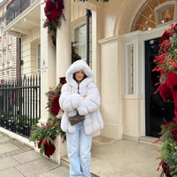 HOODED STRAIGHT ROWS LONG COAT