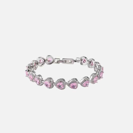 Pink Heart Crystal Bracelet - Silver