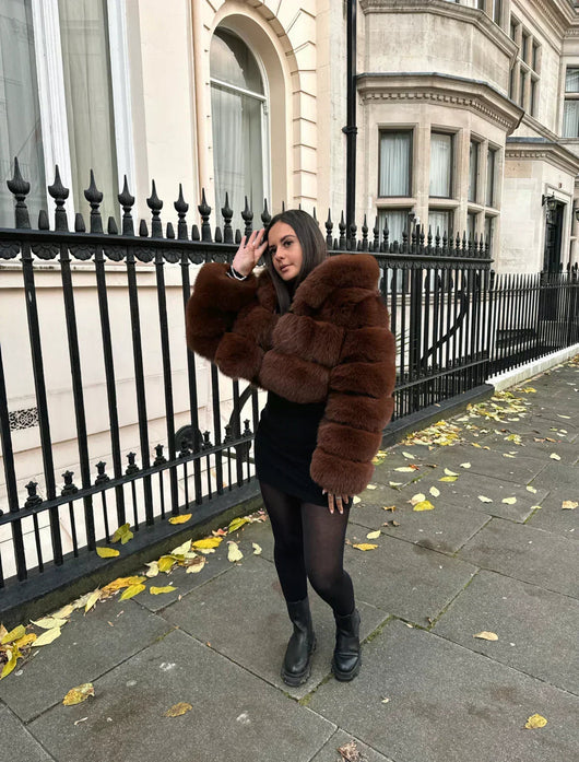 CROPPED MINI HOODED COAT CHOCO